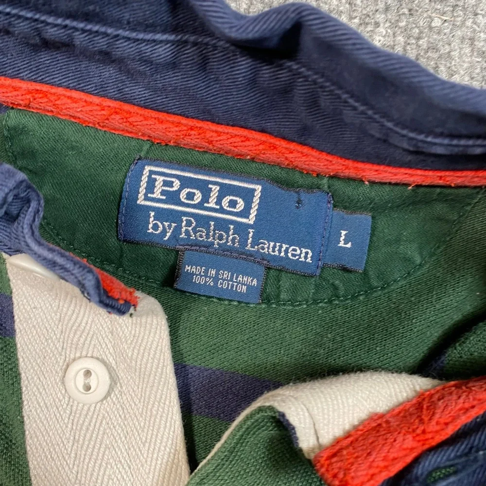 Polo Ralph Lauren Mens Green Navy Blue Striped Short Sleeve Rugby Shirt Large
